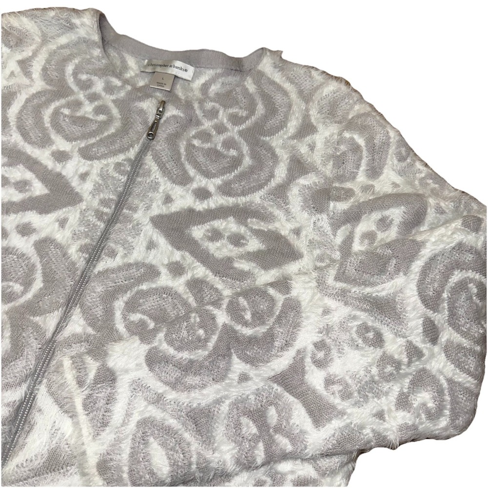 Christopher & Banks Gray White Damask Full Zip Cardigan Sweater Soft Women's L
